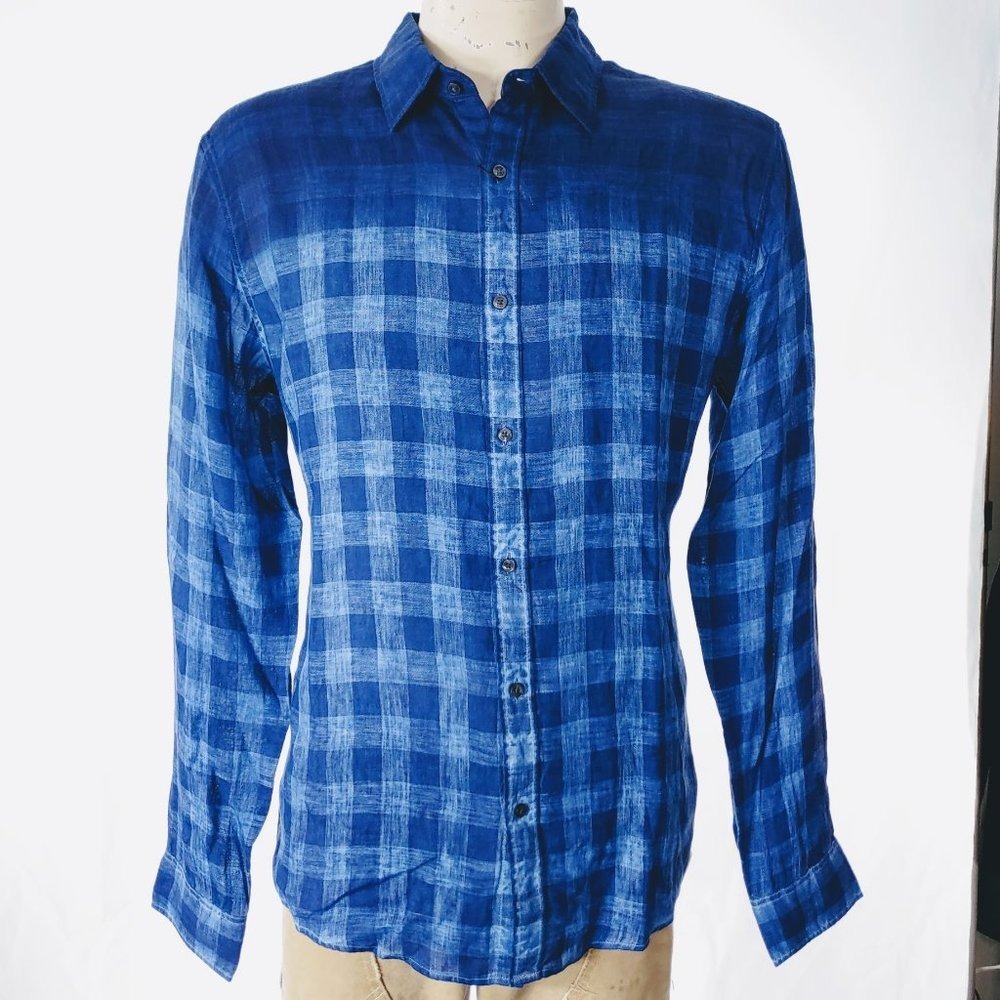 Michael Kors Men's Linen Blue Ombre Check Button Down Shirt Sz L NWT $148